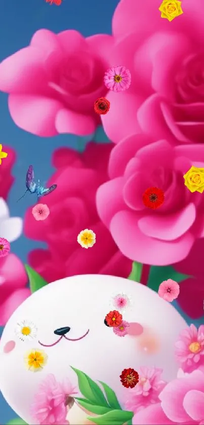 Cute cartoon with pink flowers and butterflies wallpaper.