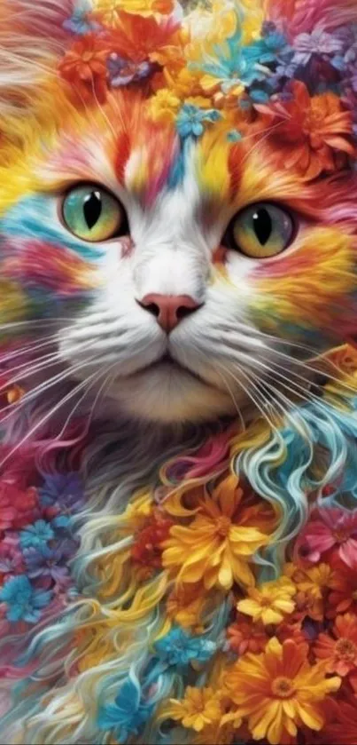 Colorful cat with flowers in bright art design.