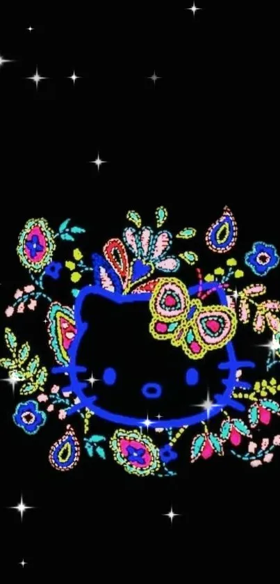 Colorful floral cat design on a black wallpaper background.