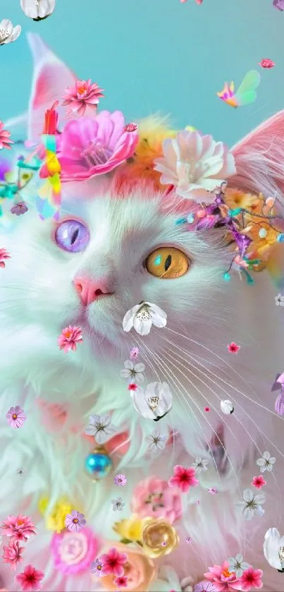 A whimsical cat with multicolored eyes and floral decorations on a pastel blue background.