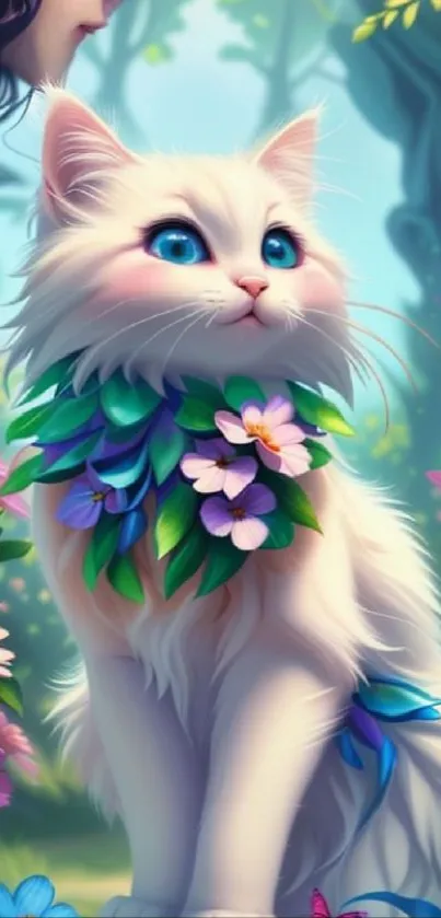 White cat with flowers in a fantasy forest setting, vibrant and colorful.