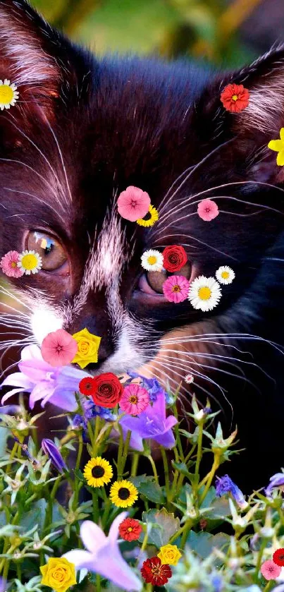 Cute cat exploring flowers with vibrant colors in a garden setting.