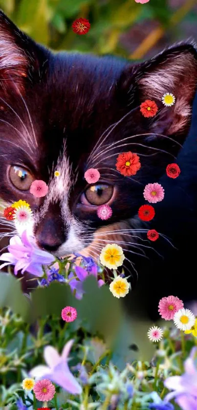 Black and white cat with colorful flowers.