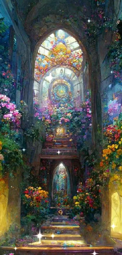 Intricate floral cathedral artwork with bright yellow and colorful flowers.