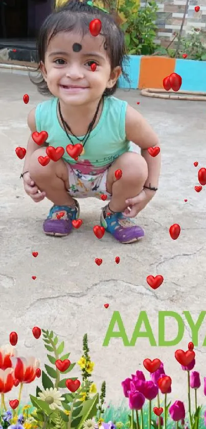 Smiling child with colorful flowers backdrop.