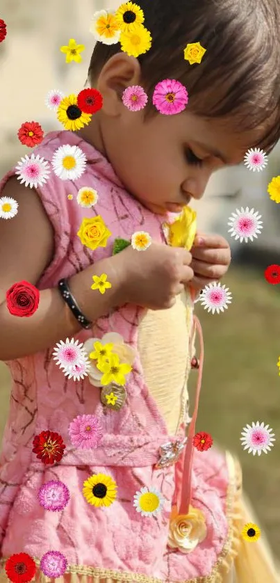 Child with vibrant flowers background.