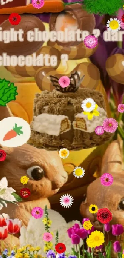 Vibrant floral and chocolate themed wallpaper with rabbits.