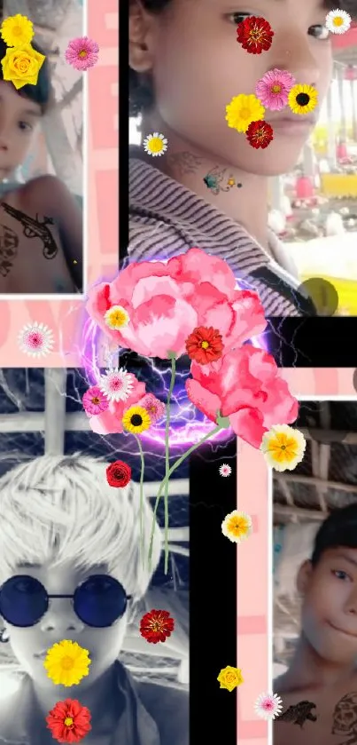 Vibrant mobile phone wallpaper with floral collage.