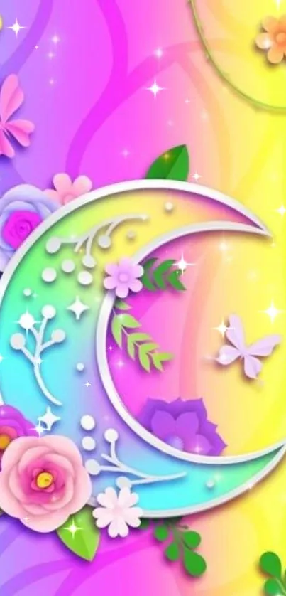 Colorful wallpaper with a floral crescent moon and butterflies.