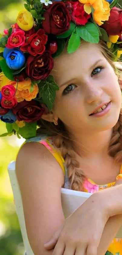 Girl with colorful flower crown in nature scene.