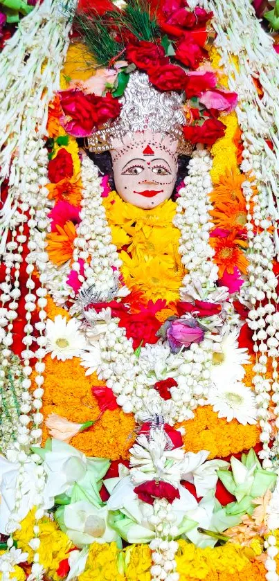 Mobile wallpaper of a deity adorned with vibrant floral garlands.