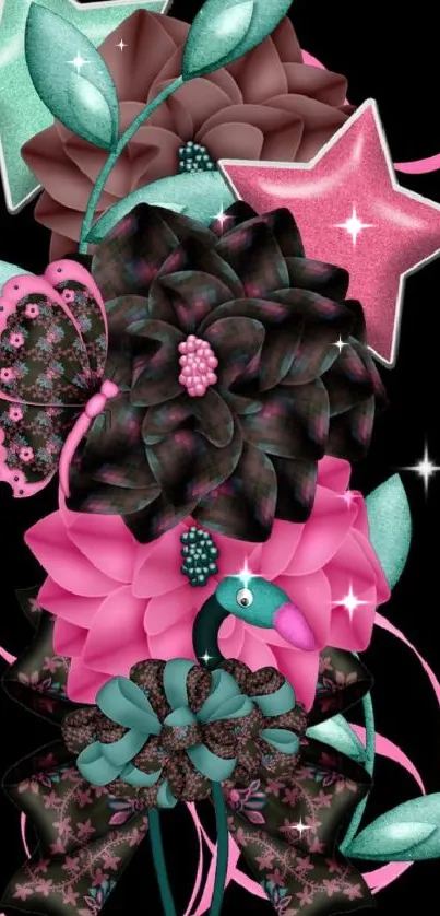 Vibrant floral mobile wallpaper with stars and ribbons.