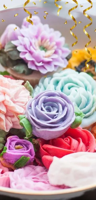 Colorful floral desserts arranged in a decorative bowl.