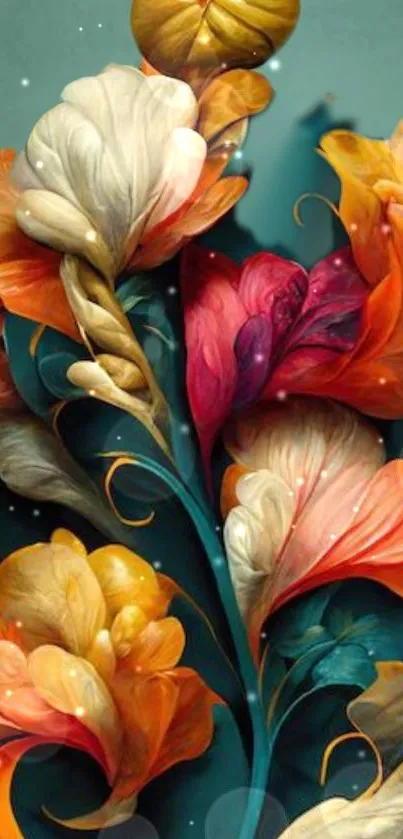 Vibrant floral digital art in teal and orange hues.