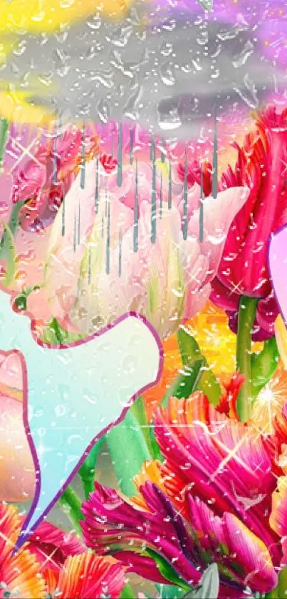 Vibrant digital art with colorful flowers and raining effect.