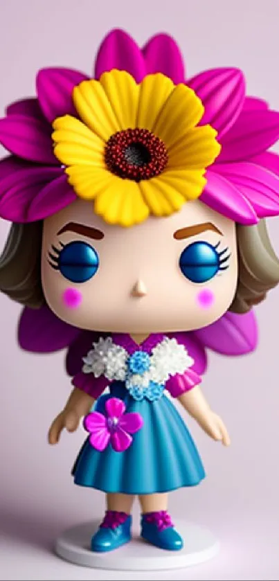 Cartoon doll with floral headpiece in vibrant colors on lavender background.