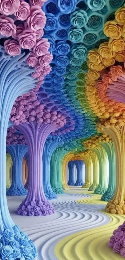 Surreal colorful floral dreamscape wallpaper.