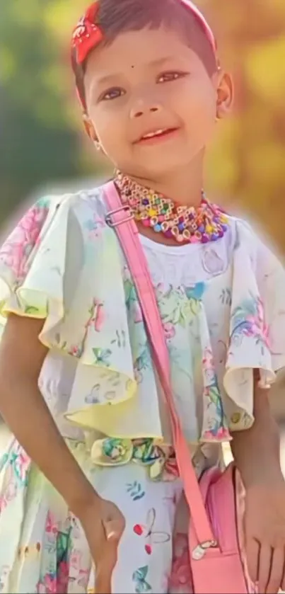 Young girl in a floral dress with a pink purse.