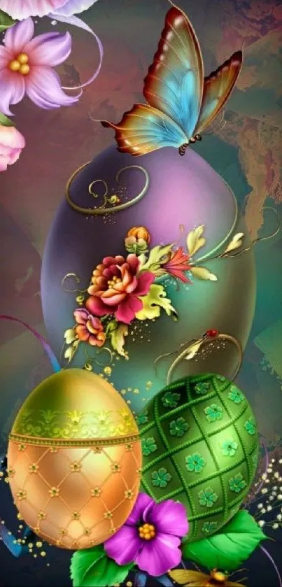 Colorful mobile wallpaper with Easter eggs, flowers, and a butterfly.