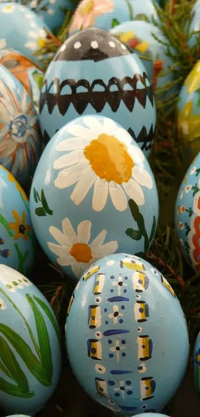 Colorful blue Easter eggs with floral designs.