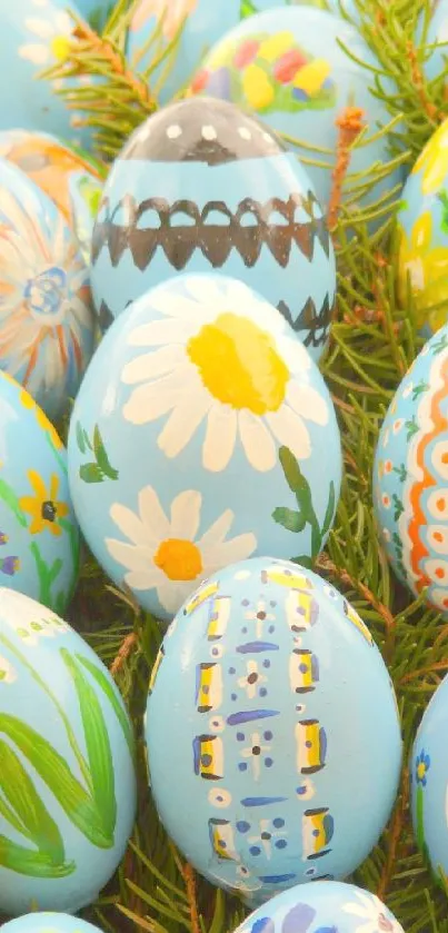 Colorful Easter eggs with floral designs on branches.