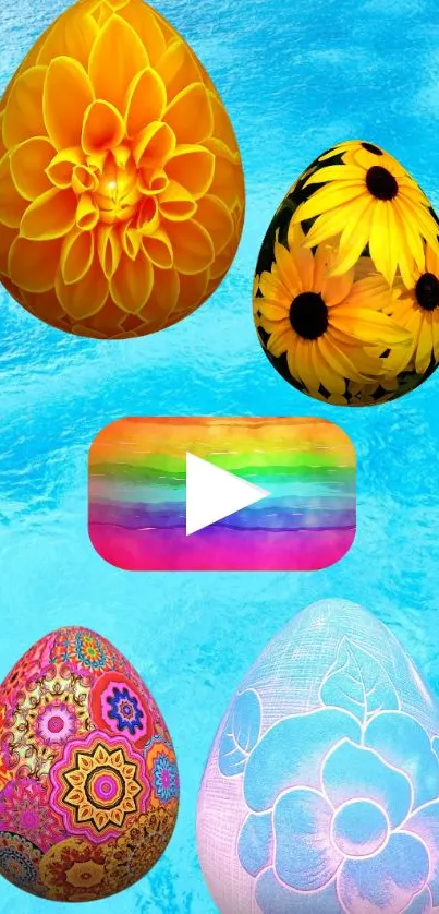 Vibrant wallpaper of floral Easter eggs on a blue background.