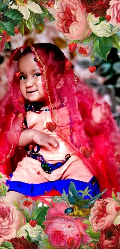 Joyful child in traditional attire with floral and ruby red accents.