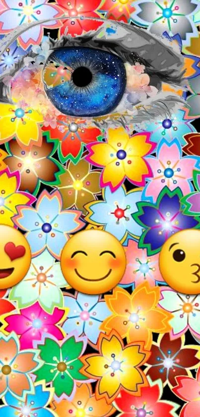 Vibrant eye and floral emoji wallpaper with colorful design.