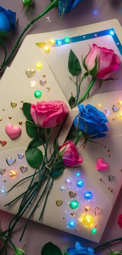 Floral envelope with roses and colorful lights creating a vibrant mobile wallpaper.