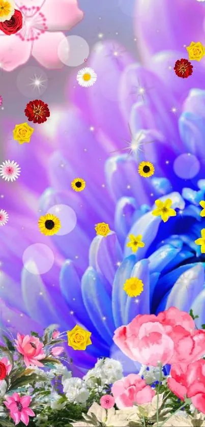 Colorful floral fantasy wallpaper with purple and pink flowers.