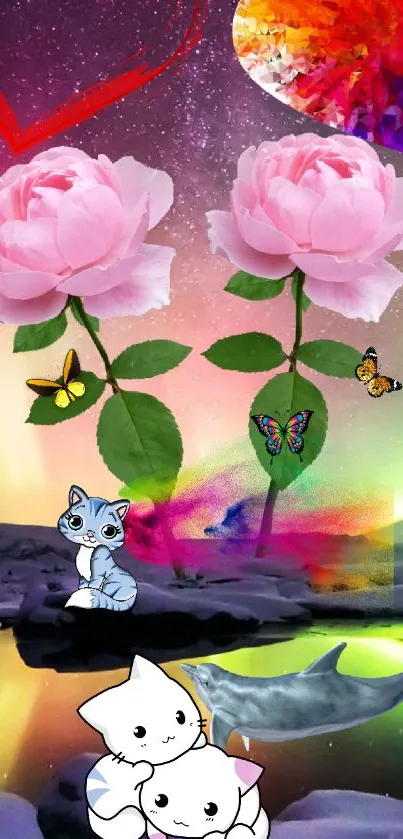 Colorful fantasy wallpaper with roses, butterflies, and cats.