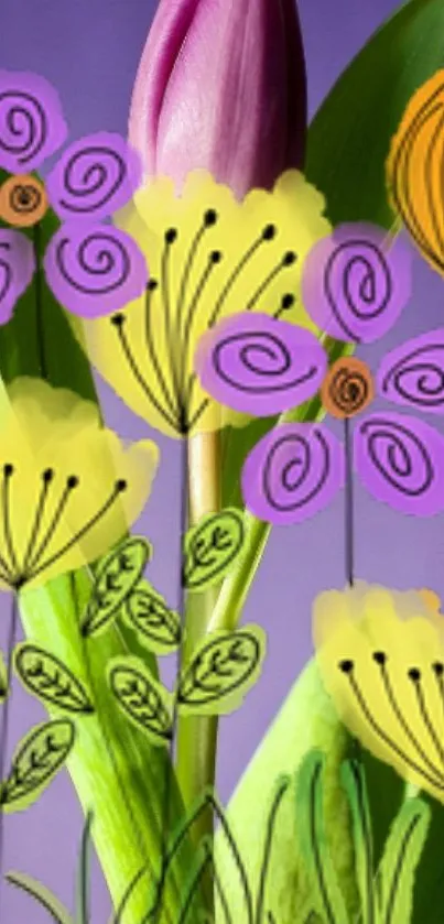 Whimsical illustration of colorful flowers and leaves on a purple background.