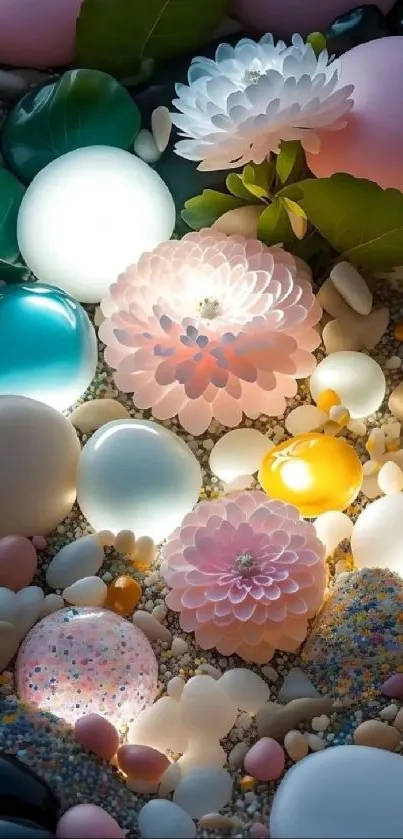 Glowing floral and pebbles on nature-inspired wallpaper.