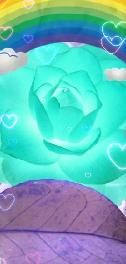 Teal rose with rainbow and hearts on a colorful wallpaper.