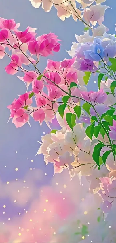 Vibrant floral wallpaper with pink, blue, and white blossoms and green leaves.