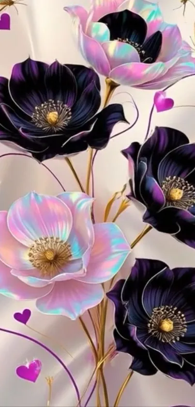 Iridescent flowers and butterflies on a colorful wallpaper.