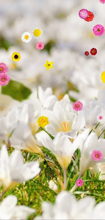 White lilies and colorful daisies create a vibrant floral mobile wallpaper.