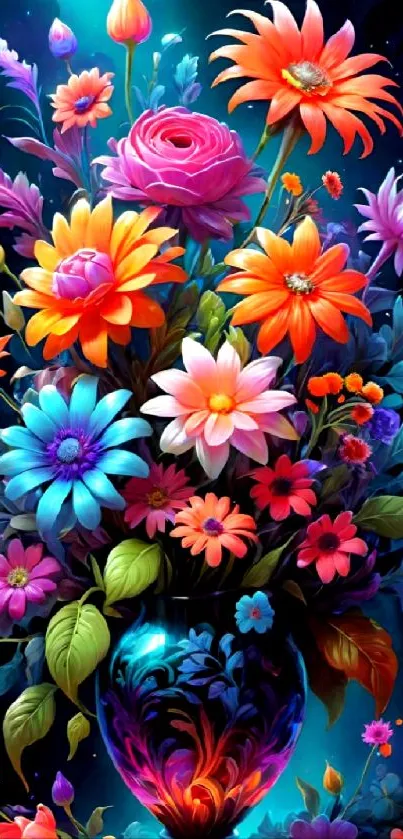 Vibrant floral bouquet in artistic style against dark background.