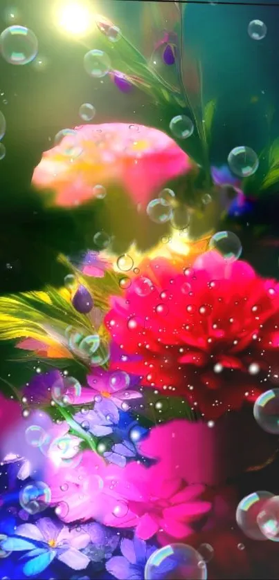 Vibrant fantasy floral wallpaper with colorful flowers and glowing effect.