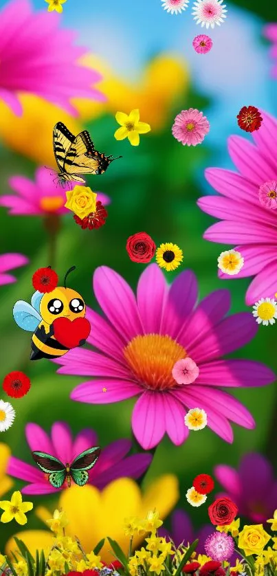 A vibrant wallpaper with pink flowers, butterflies, and a cartoon bee in nature.