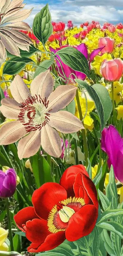 A vibrant field of colorful tulips and blossoms under a blue sky.