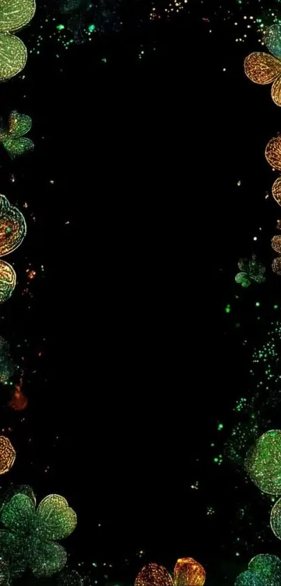 Vibrant floral frame with glittering green petals on a black background.