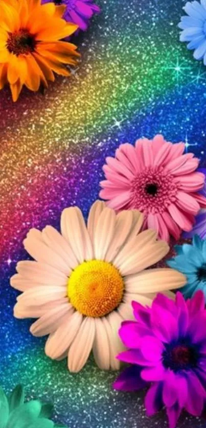 Colorful flowers on a galaxy-themed background.