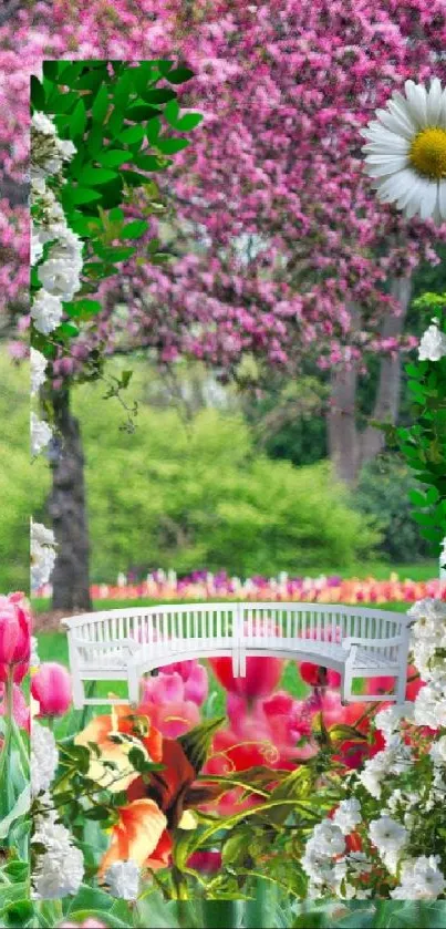 White bench in a vibrant floral garden with pink and white flowers.