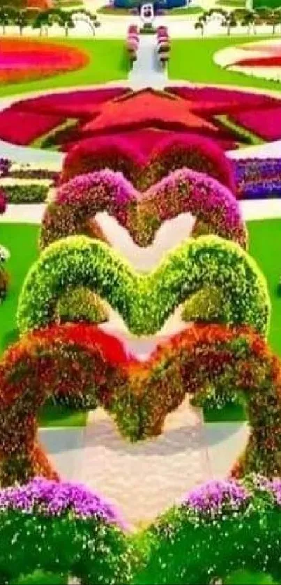 Vibrant floral garden with colorful heart-shaped flower arrangements.