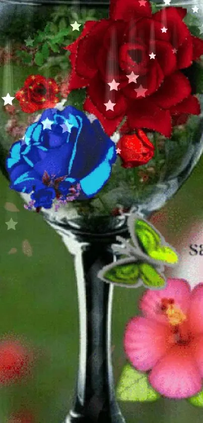 Colorful roses and hibiscus in a glass vase wallpaper.