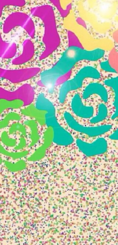 Colorful floral glitter wallpaper with roses.