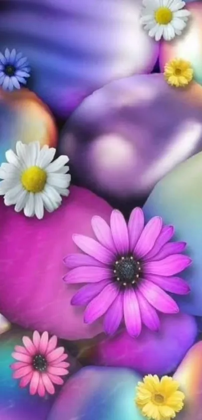 Colorful mobile wallpaper with gradient orbs and vibrant daisies.