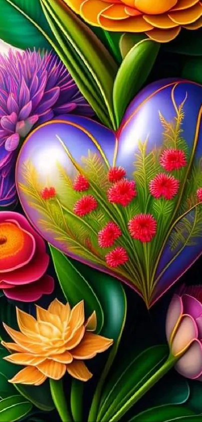 Colorful heart-shaped floral design with vibrant flowers and green leaves.