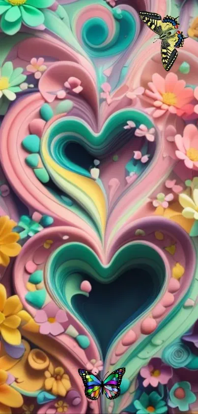 Colorful floral heart design with butterflies and pastel flowers.